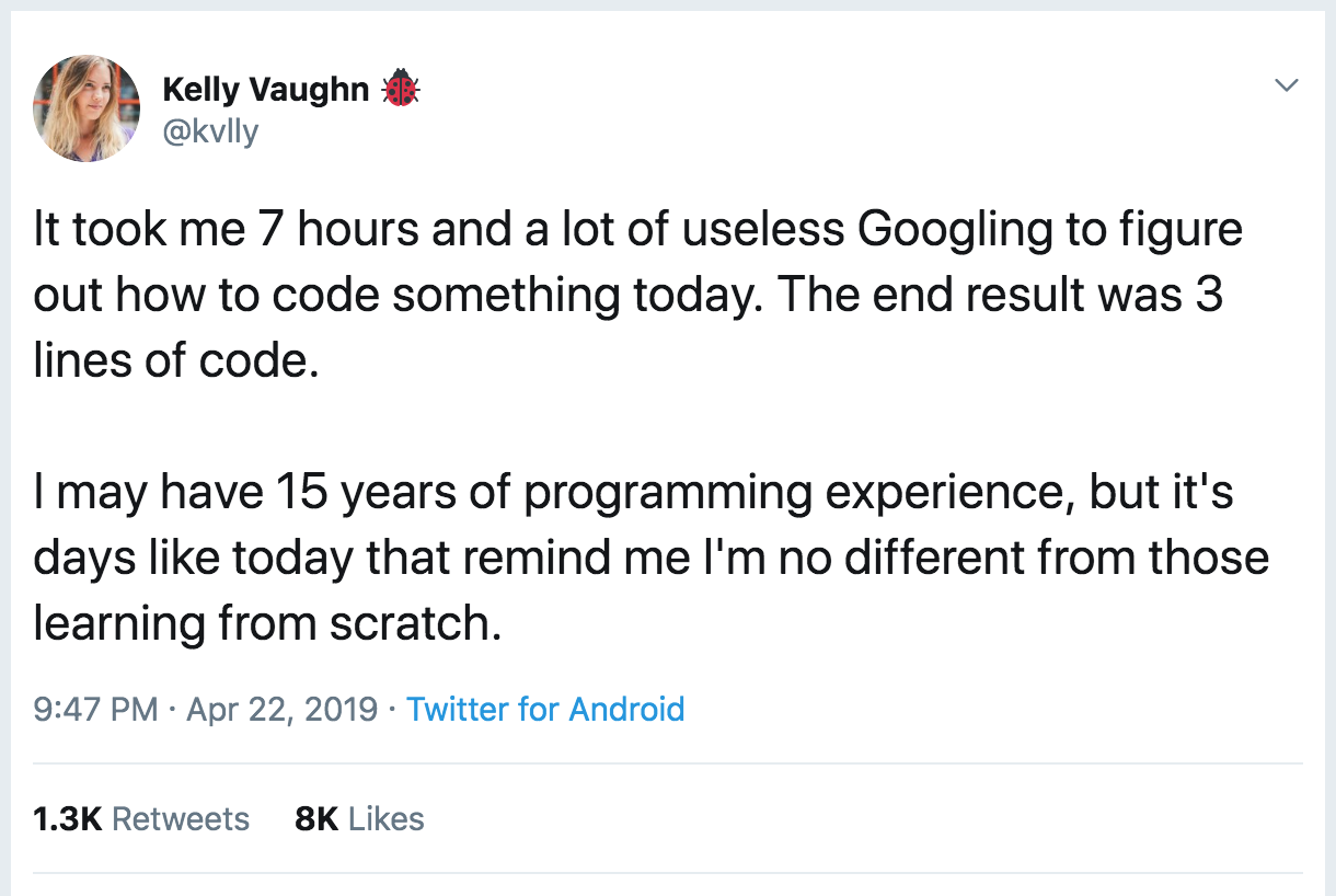 Tweet about having to google even with 15 years of experience