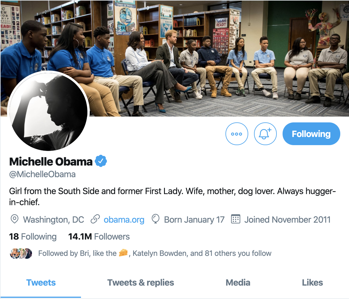 Michelle Obama's Twitter Profile card