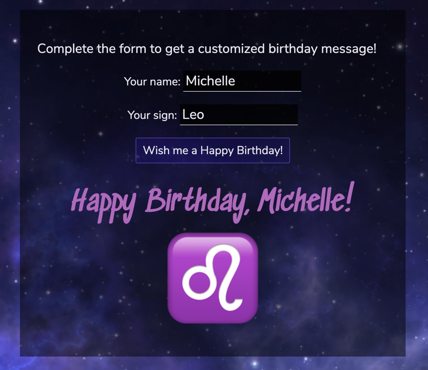 App asked for name and sign, then included name and sign emoji in a birthday greeting