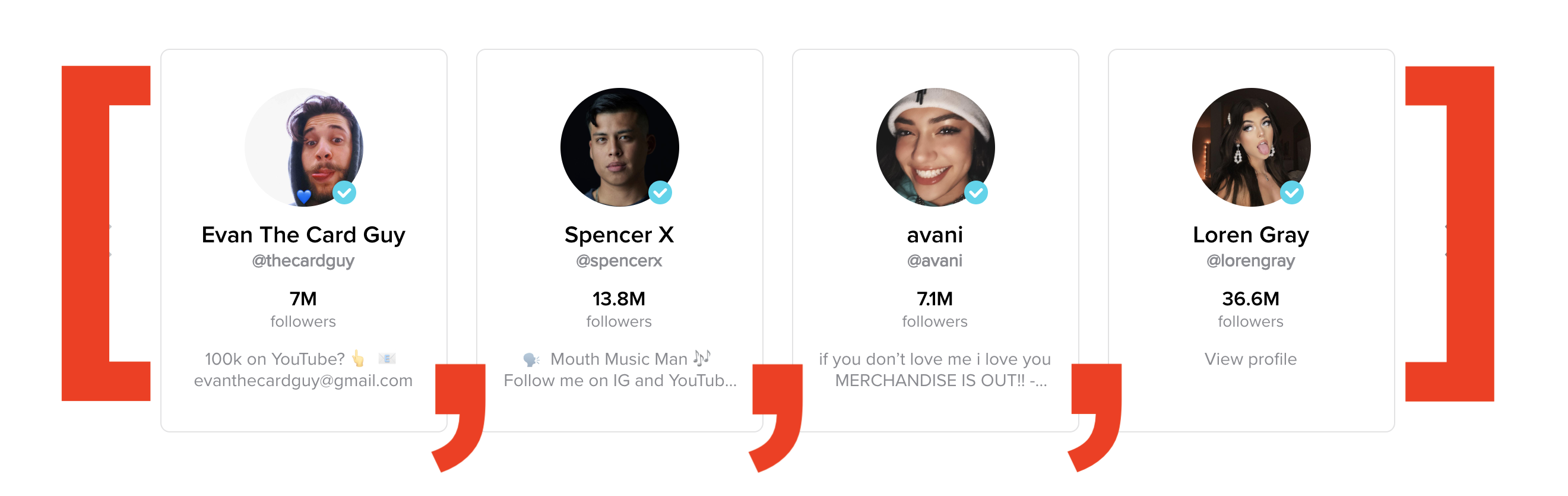 Screenshot of TikTok's 4 trending creator cards with JS syntax for an array