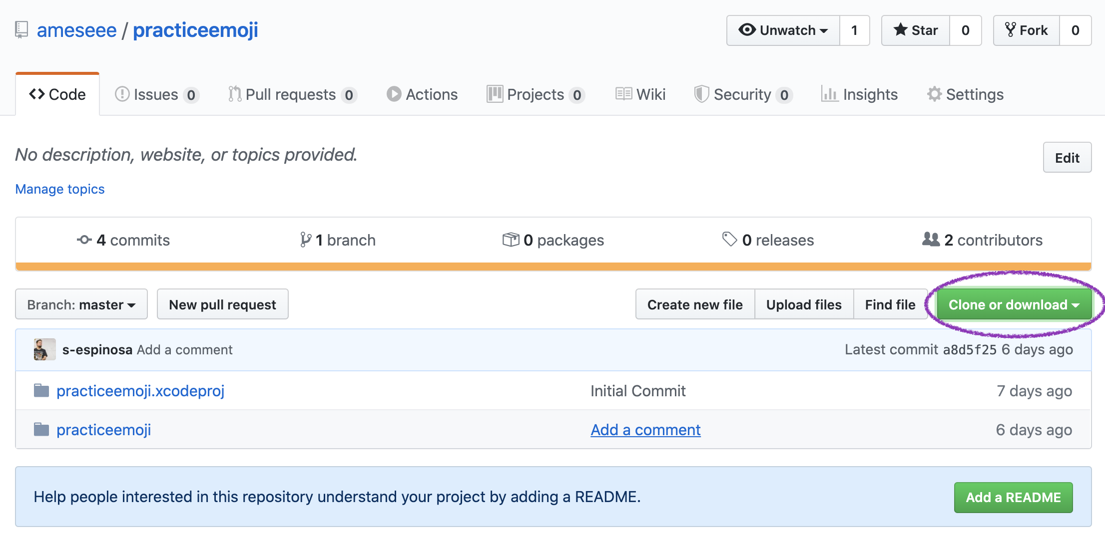 screenshot of GitHub repo, clone button circled