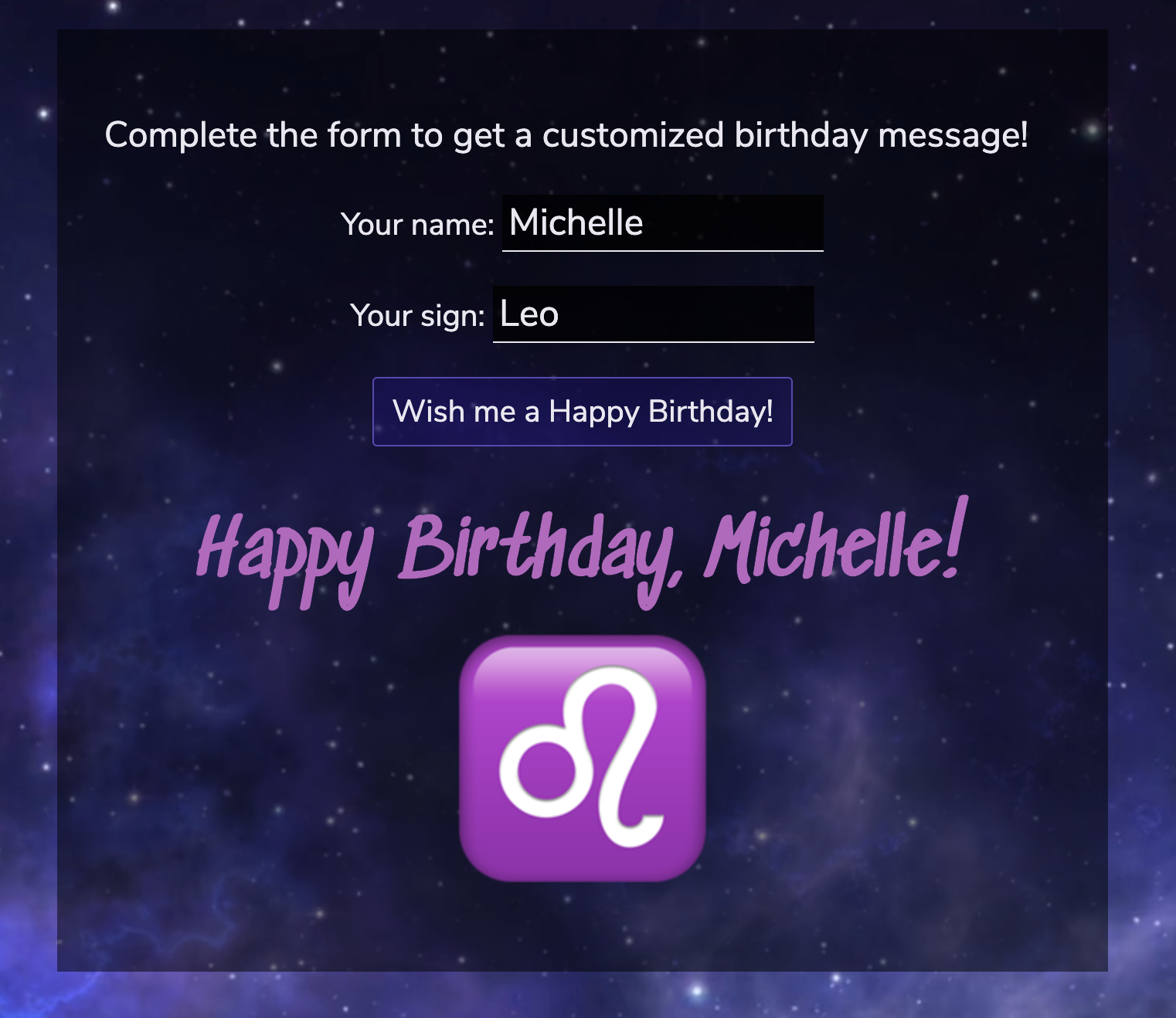 App asked for name and sign, then included name and sign emoji in a birthday greeting